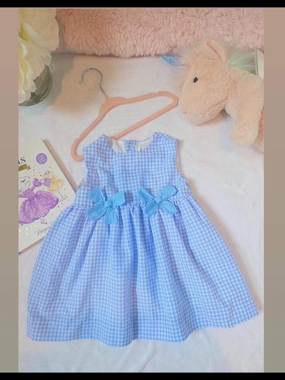 Rachel Riley Light Blue Gingham Dress with Bow Accents